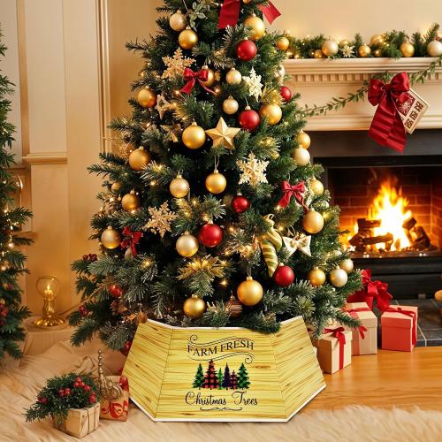 OurWarm Christmas Tree Collar Hexagon Christmas Tree Ring, 28 Fabric Collapsible Trees Skirt, Rustic Double-Sided Christmas Trees Box Base for Home Festive Xmas Decorations