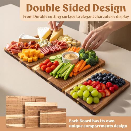 Acacia Wood Cutting Board for Kitchen, Non-Toxic Cutting Board Set of 3, Chopping Boards with Deep Juice Groove for Meat, Cheese & Vegetables - Durable & Double sided with serving Compartments