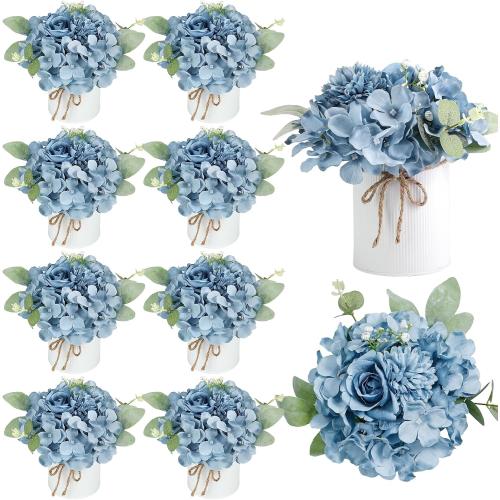 Auihiay 10PCS Flower Table Centerpieces, Hydrangea Artificial Flowers with Vase, Silk Hydrangea Flowers for Wedding Centerpieces, Birthday Parties, Baby Showers, Tea Party, Bridal Bouquet (Dusty Blue)