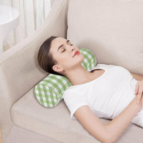 Green Stripes Plaid Neck Pillow Cervical Neck Roll Pillow with Removable Washable Cover Memory Foam Neck Pillows for Sleeping Support Cylinder Pillows for Bed Back Legs Yoga 5.5 x 17 inches