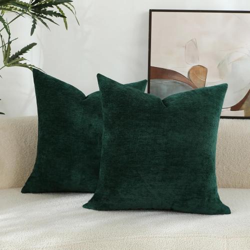 Hunter Green Chenille Decorative Couch Throw Pillow Covers, Soft Cushion Cases for Home Livingroom Sofa Décor, Pack of 2, 18 x 18 Inches