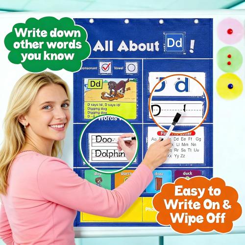 Meetory Alphabet Learning Pocket Chart - Alphabet Wall Chart ABC Flash Cards Learning Material, Handwriting Practice Letter Tracing Homeschool Preschool Kindergarten Learning Activities Must Haves