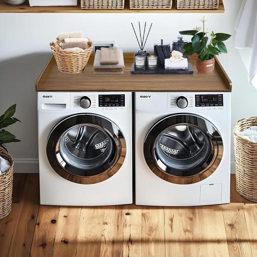 Washer Dryer Countertop, Wood Washer and Dryer Countertop 27.5 x 54 Laundry Room Organization with Metal Hooks & Non-Slip Pads Wood Shelf Topper for Storage Space Saver