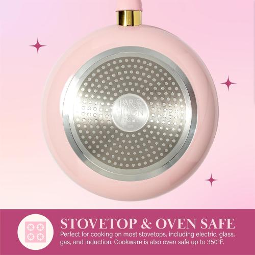 Paris Hilton Epic Nonstick Pots and Pans Set, Multi-layer Nonstick Coating, Tempered Glass Lids, Soft Touch, Stay Cool Handles, Made without PFOA, Dishwasher Safe Cookware Set, Pink