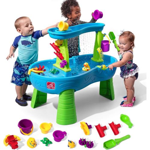 Step2 Rain Showers Splash Pond Water Table, Kids Water and Sand Activity Sensory Playset, Summer Outdoor Toys, 13 Piece Water Toy Accessories, For Toddlers 1.5  Years Old, Blue & Green