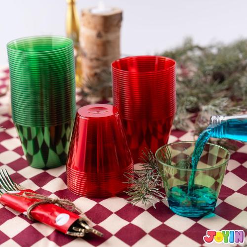 JOYIN 72 PCS Disposable Plastic Drinking Cups, 9 OZ Christmas Clear Plastic Party Cup, Xmas Wine Glasses for Party Supplies, Red Green Cups, Birthday, BBQ, Camping, Family Reunion