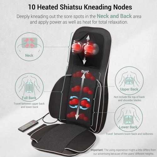 Mynt FSA Eligible HSA Approved Shiatsu Neck and Back Massager for Chair with 10 Deep Kneading Nodes, 2D & 3D Back Massage with Heat, Portable Spot Massage Chair Pad (Black)