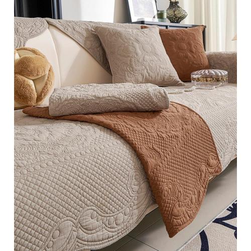 Luxury Vintage Cotton Embroidery Sofa Cover Soft Farmhouse Seat Cushion Cover Floral Quilted Sectional Couch Cover Anti-Slip Sofa Slipcovers Furniture Protector for Dogs Cats (Khaki,36x82)