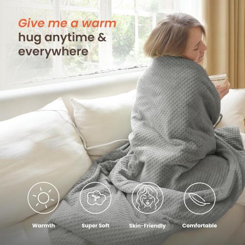 Heated Blanket Electric Blanket Twin Waffle, 62x84 Inches Sherpa Fleece Fast Heating Blanket 6 Heating Levels & 10 Hours Auto Off ETL Certification, Grey Twin