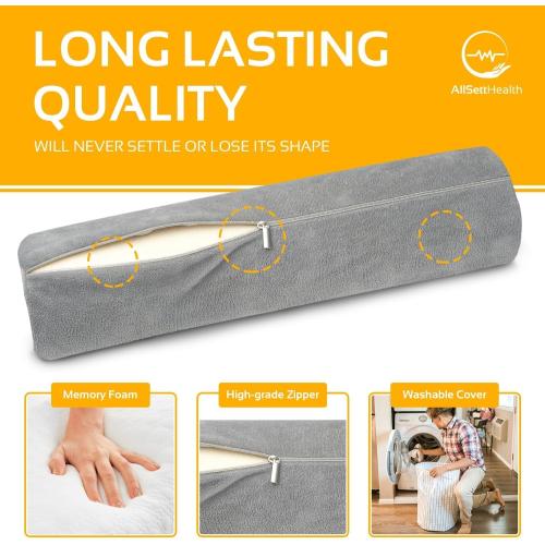 Grey AllSett Health Cervical Neck Roll Memory Foam Pillow, Bolster Pillow, Round Neck Support for Sleeping | Bolster for Bed, Legs, Back and Yoga
