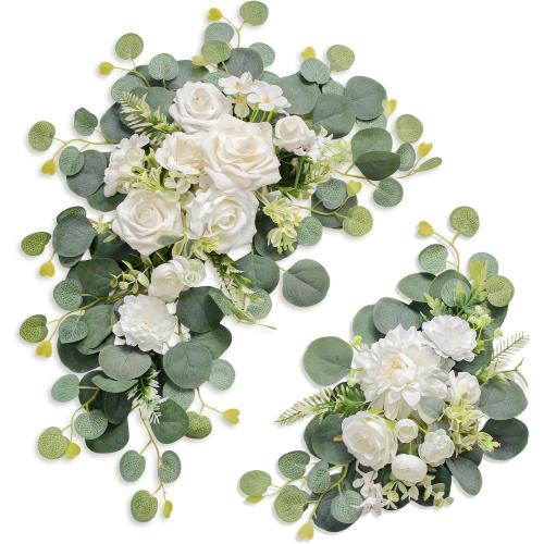 Artificial Wedding Arch Flowers for Wedding Sign,Set of 2 for Wedding Welcome Ceremony Sign,Faux Floral Swags,Wedding, Banquet and Reception Backdrop Floral Decoration (White)