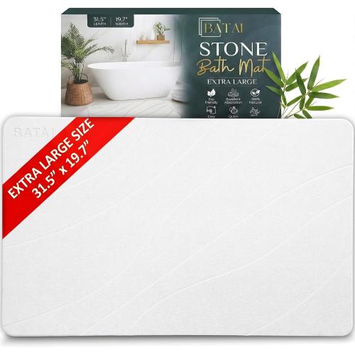 Extra Large Stone Bath Mat (31.5” x 19.7”) White Stone Bath Mats for Bathroom – Absorbent Diatomaceous Earth – Non-Slip Stone Shower Mat – Easy Clean, Quick Drying – Instant Dry Bathmat - XL