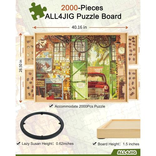ALL4JIG 2000 Piece Rotating Puzzle Board with 4 Drawers and Cover, 28.5x40.1Portable Wooden Jigsaw Puzzle Table for Adults Portable, Lazy Susan Spinning Boards Birthday Gift for mom