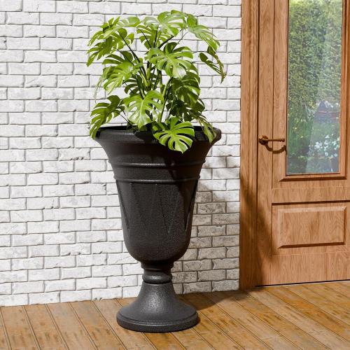 Tall Plastic Urn Planters and Pedestal - 24 Outdoor Planter Black | Weather-Resistant Plastics HDPE with Drainage Holes, Modern Trophy Design Vase, Large Flower Pot Porch Door, Set of 2