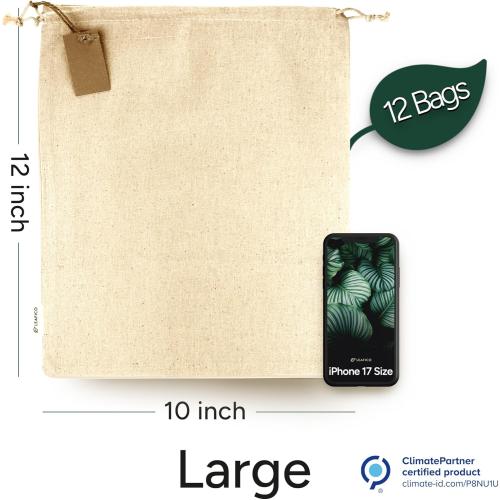 LEAFICO Multipurpose Eco Cloth Bags - Large 10x12 Inch (12 Pack) - Cotton Produce Storage Sacks - Muslin Drawstring Pouches for Vegetables - Bread Bags - Fabric Sachets