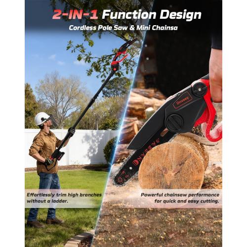 2-in-1 Cordless Pole Saw for Tree Trimming, 800W Brushless 6 Inch Mini Chainsaw, Lightweight Tree Trimmer with 2x 21V Batteries & Extension Pole for High Tree Pruning & Yard Work (DZJ3028)