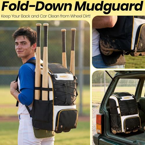Fanwoli Leather Rolling Baseball Bag - Youth Softball Bag with Wheels for Boys Girls - Rain Cover & Mud Guard for Clean Car - Premium 4-Bat Tournament Roller - Large Equipment Organizer