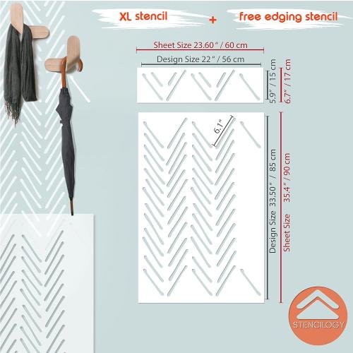 Size 24x 36  Color White / Volga - 24 x 36 XL Wall Stencil, Herringbone Hand Drawn, Large Allover Wall Stencils for Painting, Stencils for Walls, Minimal Stencil Pattern