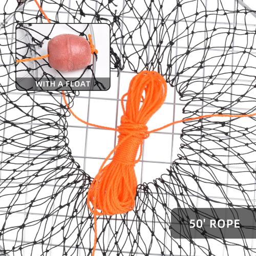 Double Ring Crab Trap - Steel Ring Crab Net, 24 Top, 20 Bottom, 50' Rope, Bait Bag, Clip, Gauge for Dungeness, Rock and Blue Crab