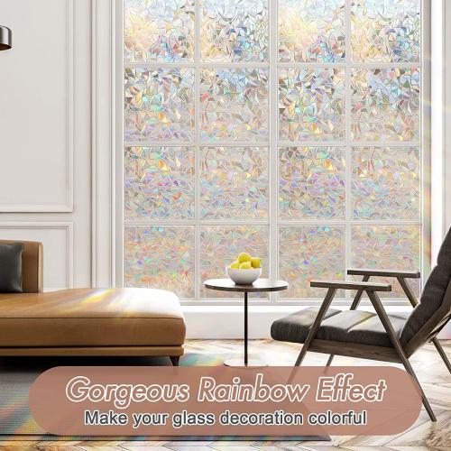 Haton Window Privacy Film, Stained Glass Rainbow Film Decorative Window Clings, Static Cling Sun Blocking Stickers Decals Coverings Tint for Home Heat Control, Non-Adhesive 17.5 x 78.7