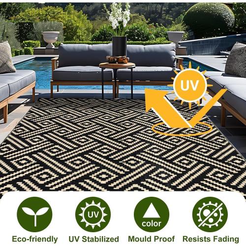 OPPODREAM Outdoor Rug 5x7, Plastic Straw Rug for Patio, Beige & Black | Reversible Checkered, Waterproof Carpet for Balcony, Porch, Backyard, Deck, Camping, RV