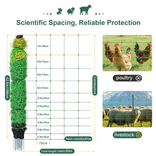 Electric Fence Netting, 42.5 H x 164' L, Portable Livestock Net Fencing with Double-Spike Posts, Movable Mesh for Goats, Sheep, Hogs, Deer & Dogs, Predator Control for Backyard, Farm & Homestead