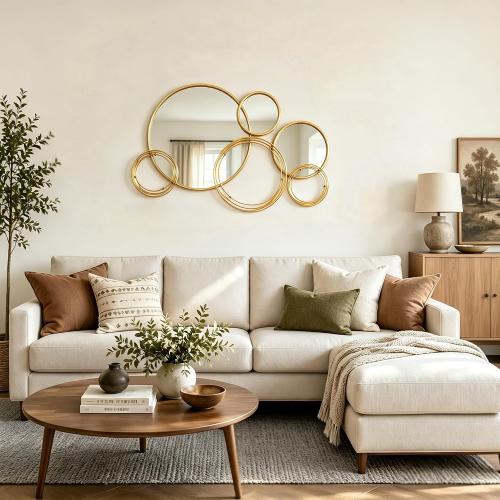 Uniclinens Modern Gold Round Mirror Decor - Large Sculpture Mirror for Living Room, Boho Wall Mirror Decor for Dining Room, Entryway, Hallway, Bedroom, 35X21