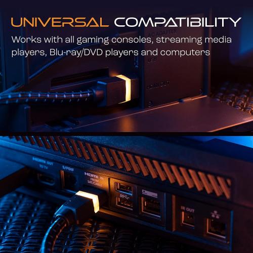 TITAN 8K HDMI 2.1 Cable, 10 ft Braided Cord, Amber LED Light Strip, Ultra High-Speed Cable with HDR, VRR & QMS, 48 GBPS, Black, 59063