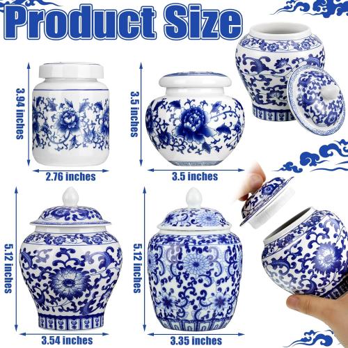 4 Pcs Small Blue and White Vase Ceramic Small Ginger Jar with Lid Porcelain Vases Chinoiserie Decor Chinese Ginger Jars for Home Bedroom Tabletop Decor Table Accent Shelf (Classic Style)