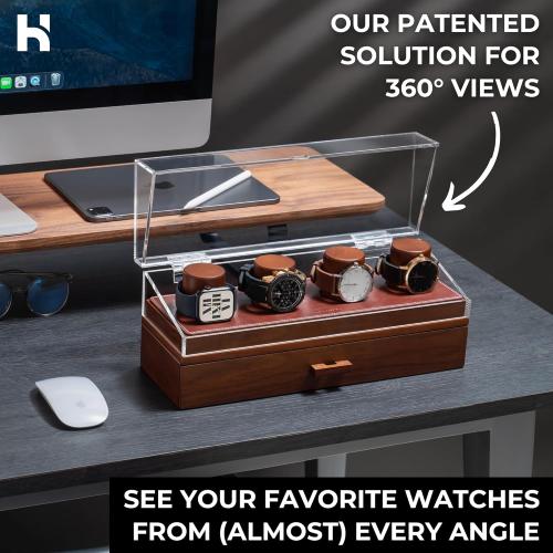 Walnut 4-slot Holme & Hadfield Personalized 4-Slot Wooden Watch Display Case – Handcrafted Men’s Watch Box with Accessory Drawer, Hinged Cover, Leather Lining – Birthday Gift for Collectors – Luxury Built to Last