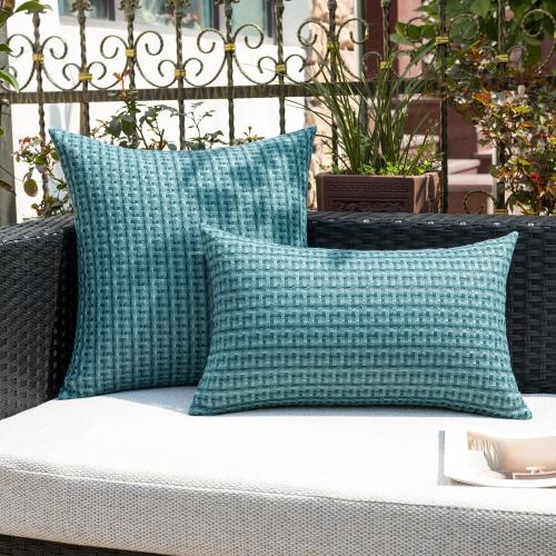 Kevin Textile Outdoor Waterproof Throw Pillow Covers Pack of 2 Weaving Texture Water Resistant Outside Decorative Cushion Covers for Garden Patio Tent Balcony Bench Couch Sofa 18x18 Inch, Teal