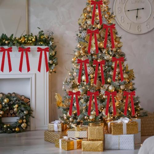 15Pcs Red Velvet Ribbon Bows for Christmas Tree 5in x 10in x 1in Vintage Rustic Velvet Bows Xmas Ornaments for Christmastree Wreath Garland Party Decor (Red)