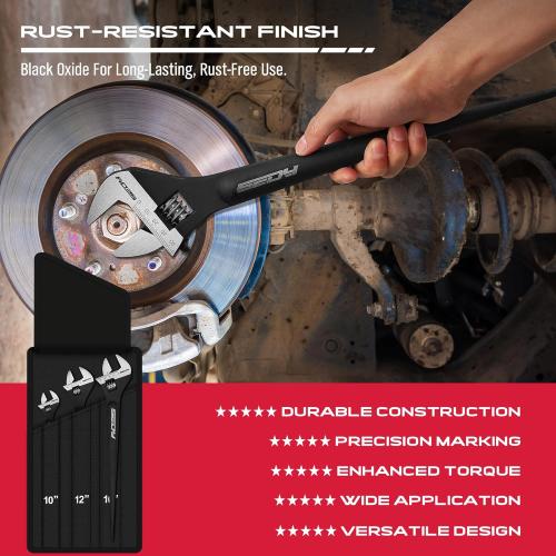 3-Piece Adjustable Spud Wrench Set, 10-inch, 12-inch, 16-inch, SAE and Metric Scale Marked, CR-V Steel with Black Oxide Finish