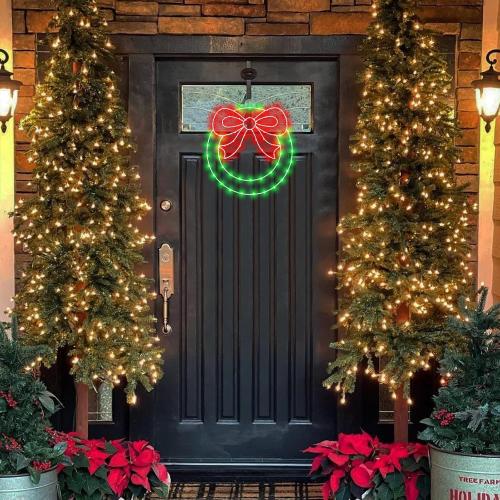 CESOF Christmas Wreath Window Lights Decorations, 14 Lighted Christmas Wreath with Bow, Remote Control Timer USB Powered Window Silhouette Lights for Home Door Wall Home Winter Xmas Party Decor