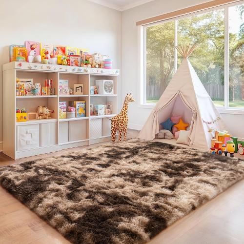 Large Area Rugs 9x12 Living Room, Ultra Fluffy Fuzzy Shag Rug for Bedroom, Modern Plush Soft High Pile Upgrade Non-Slip Carpet for Kids Girls and Boys Room Decor, Tie-Dyed Brown
