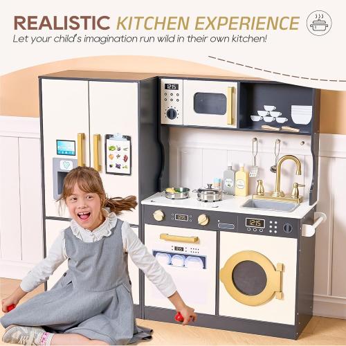 Kids Kitchen Playset with Realistic Design, Luxury Play Kitchen with Extended Storage Cabinets, Toy Kitchen for Toddlers with Coffee Counter, Cookware Accessories, Oven, Microwave (Dark Gray)