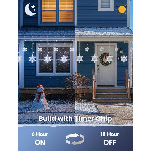 Snowflake Icicle Lights,8.2ft 144LED Curtain Fairy Light with 12 Drops,Connectable 8 Mode Timer Snowflake Christmas Lights Plug in for Bedroom,Window,Wedding,Indoor Outdoor Xmas Decor,White