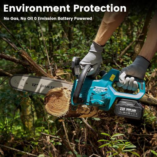 Size 12inch Color Blue  Electric Chainsaw Cordless 12-inch, Handheld Chain Saws with 2 x 4.0Ah Batteries, Tree Saw with Tool-free Chain Tension, Auto Oiling for Wood Cutting Trimming Branch