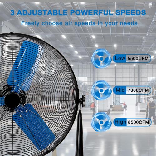 24 Inch High Velocity Industrial Fan 8500 CFM Heavy Duty Outdoor Fan 3-Speed 360 Degree Adjustable Tilt, Metal Floor Fans with Aluminum Blades for Workshop Patio Commercial Factory Garage - UL Listed