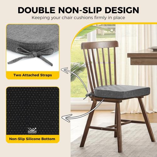 downluxe Indoor Chair Cushions for Dining Chairs, Soft and Comfortable Textured Foam Kitchen Chair Pads with Ties and Non-Slip Backing, 16 x 16 x 2, Dark Grey, 6 Pack