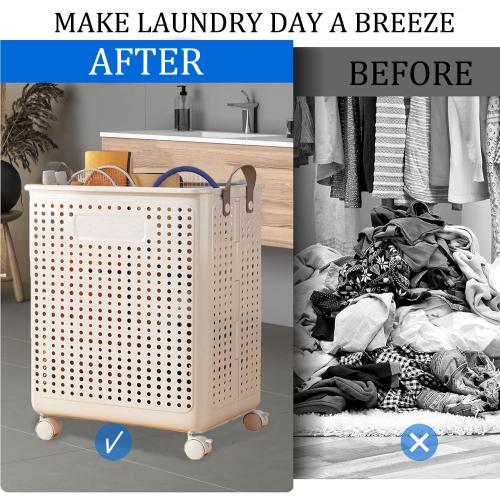 Color Cream  Collapsible Extra Large Laundry Hamper, Plastic Laundry Basket with Wheels,Suitable for Bathroom, Bedroom, Dorm Room & Laundry Room,Basket with Handle (Cream color)