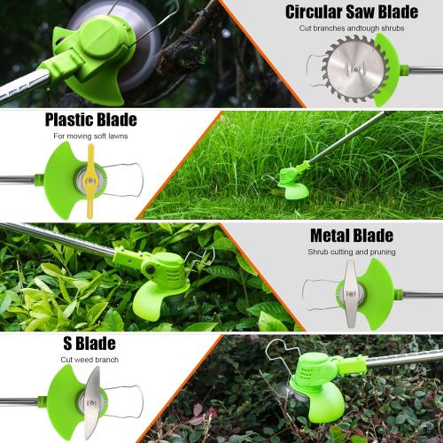 Electric Weed Wacker Cordless with Wheels, 2pcs Batteries&4 Types Blades,Lightweight, Low Noise Weed Trimmer 21V stringless Weed Wacker, Grass Trimmer/Brush Cutter/Edger, for Thick Weeds&Yard Garden ❗MAY HAVE MISSING PIECES/NEEDS CLEANING❗