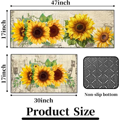 ACZHHZC Sunflower Kitchen Rug 2 Piece Set, Non-Slip Absorbent Washable Runner Carpet Home Vintage Farmhouse Kitchen Decoration 17x30 17x47 Inches (Yellow)