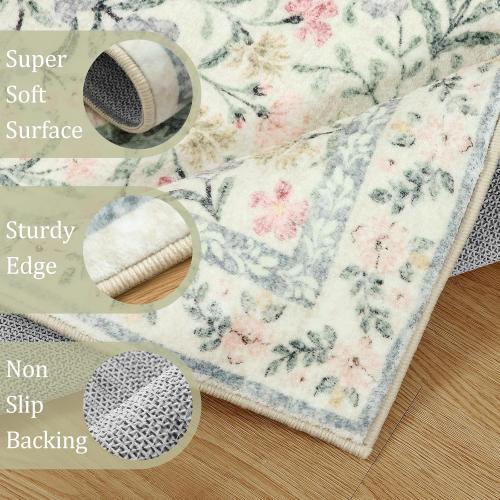Morebes Floral Machine Washable Area Rugs 10x14 Vintage Boho Nursery Rug Girl Non-Slip, Flower Indoor Floor Throw Carpet for Living Room Bedroom Kitchen Playroom Home, White/Multi