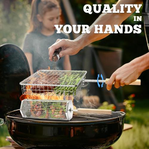 ivtivfu Grill Basket Set, Removable Wooden Handle, Rolling Grilling Tools | 304 Stainless Steel, Smoker BBQ Accessories for Vegetable Fish, Outdoor Cooking Camping, Birthday Gifts for Men Dad Husband