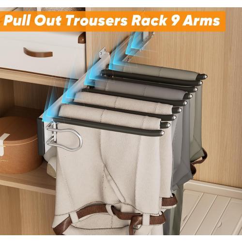 9 Arms Pull Out Pants Rack,Retractable Pull Out Trousers Rack Pull Out Trouser Hangers Pull Out Pants Hangers Space Saving (Black, Left Side Installation)