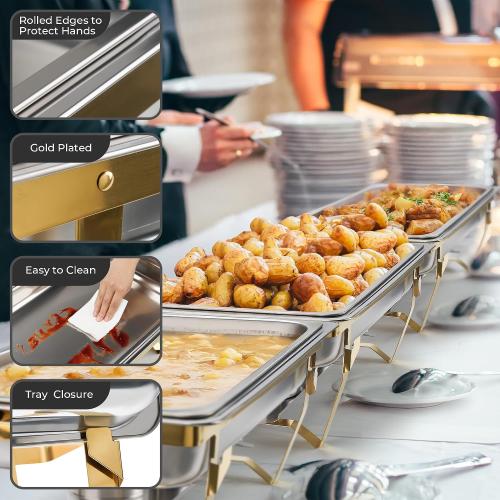 Chafing Dishes for Buffet, 4 Pack Chafing Dish Buffet Set, 9QT Elegant Gold Colors Stainless Steel with Folding Frame Chafing Dish Buffet Set, Food Warmers for Parties, Weddings, Holiday Parties, etc