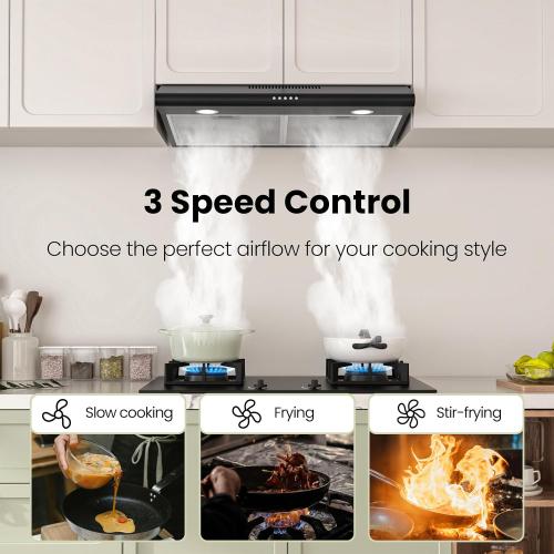 FIREGAS Size  30 Inch Black Under Cabinet Range Hood, Ducted/Ductless Convertible Kitchen Vent Hood with LED Light, 3-Speed Exhaust Fan, Push Button Control, Slim Stove Hood for Modern Kitchen