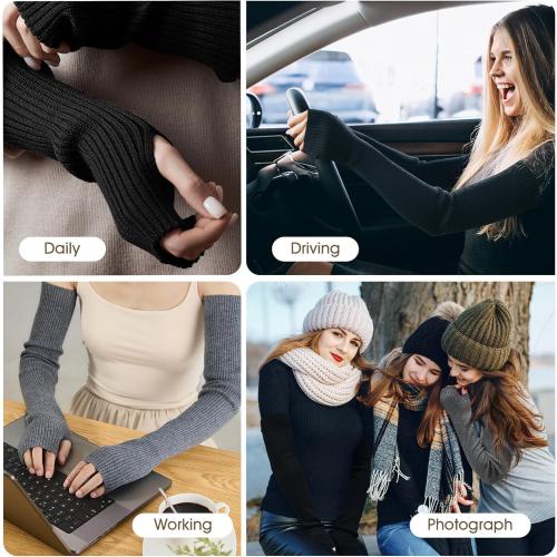 Wool Blend Arm Warmers for Women Knitted Warm Long Fingerless Gloves Winter Soft Stretchy Mittens with Thumb Hole