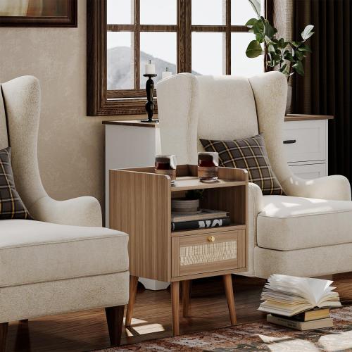 MECHYIN Night Stand Set 2, Nightstands Set of 2 with Charging Station, Rattan Side Tables with Solid Wood Legs, Boho Bedside End Table for Farmhouse Bedroom Dorm Small Space - Brown